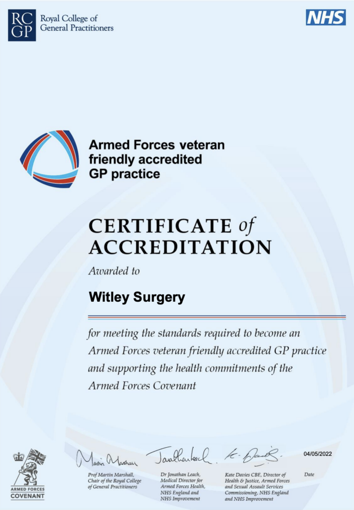 armed forces veteran friendly certificate linked to royal college of general practitioners website